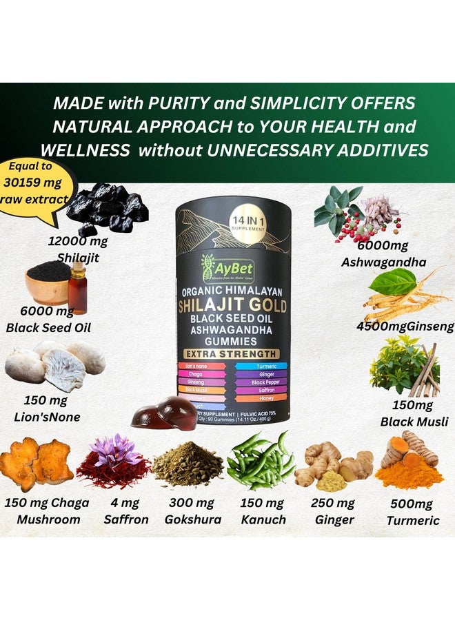 Organic Pure Himalayan Shilajit Gold Gummies for Men and Women, Black Seed Oil, Ashwagandha, Ginseng, Turmeric, Gokshura, Lion's None, Lab Tested,%75 Fulvic Acid, No Sugar Added, Halal, 90Gummy - Image 2