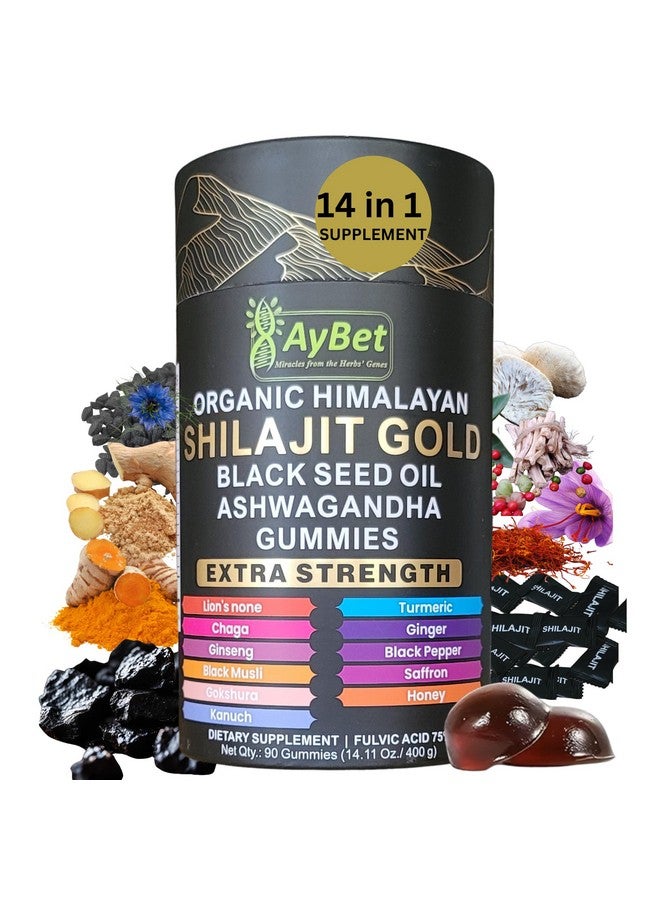 Organic Pure Himalayan Shilajit Gold Gummies for Men and Women, Black Seed Oil, Ashwagandha, Ginseng, Turmeric, Gokshura, Lion's None, Lab Tested,%75 Fulvic Acid, No Sugar Added, Halal, 90Gummy - Image 1