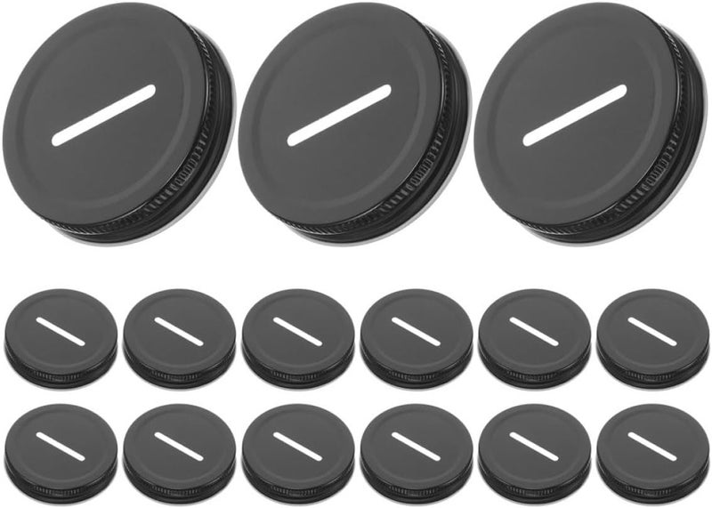Homoyoyo 15pcs 70mm Mason Jar Coin Bank Lids with Slot Black Tinplate Money Jar Caps for Regular Mouth Lids Glass Covers for Home and Craft Use - Image 1