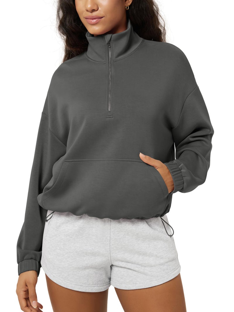 ODODOS Women's Modal Soft Cinchable Sweatshirts Half Zipper Funnel Neck Oversize Pullover with Pockets, Charcoal, Medium - Image 1