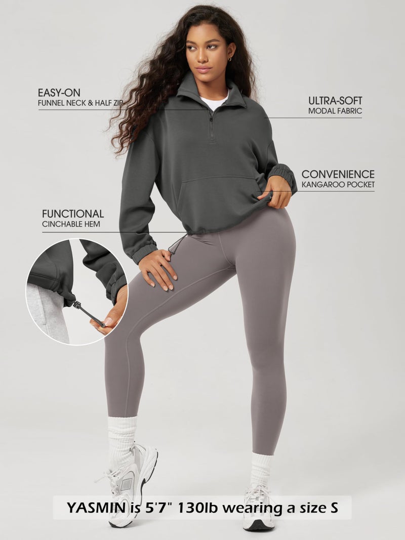 ODODOS Women's Modal Soft Cinchable Sweatshirts Half Zipper Funnel Neck Oversize Pullover with Pockets, Charcoal, Medium - Image 4