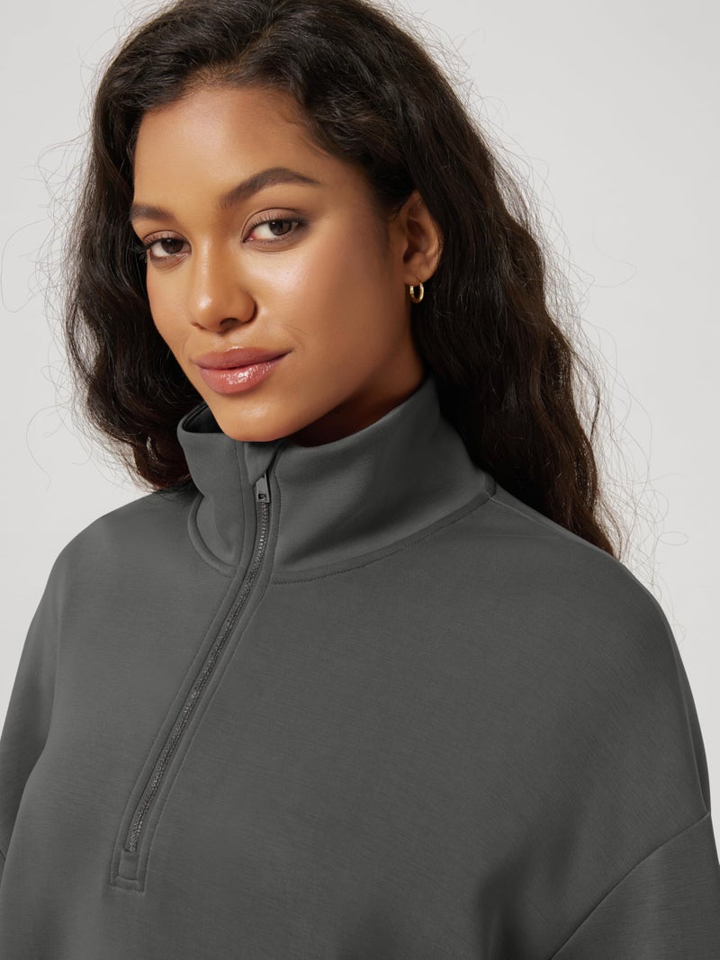 ODODOS Women's Modal Soft Cinchable Sweatshirts Half Zipper Funnel Neck Oversize Pullover with Pockets, Charcoal, Medium - Image 5