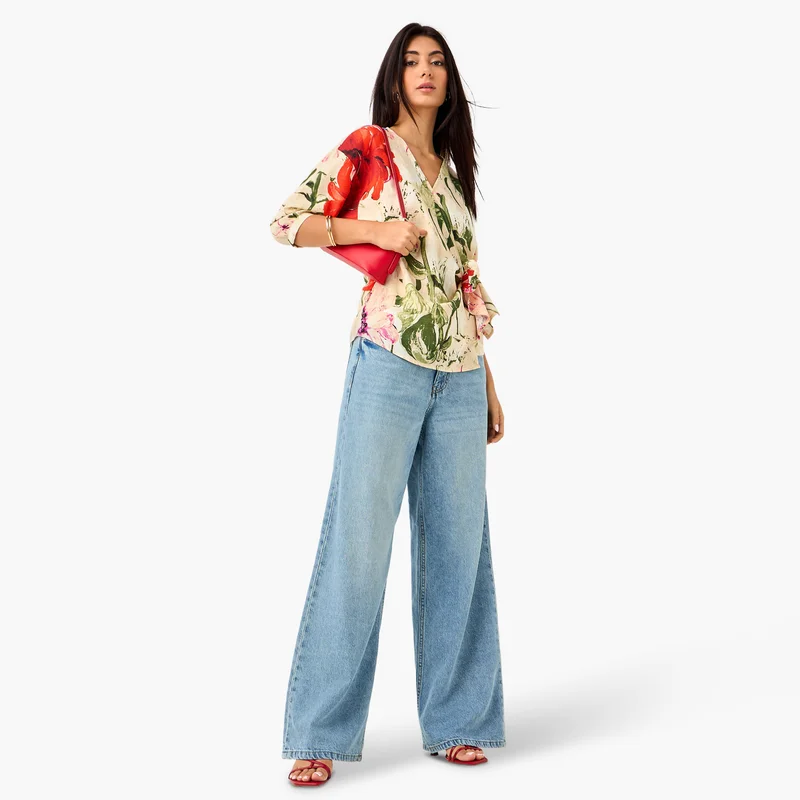 ايكونيك Iconic Floral Print Wrap Top with Tie-Up
