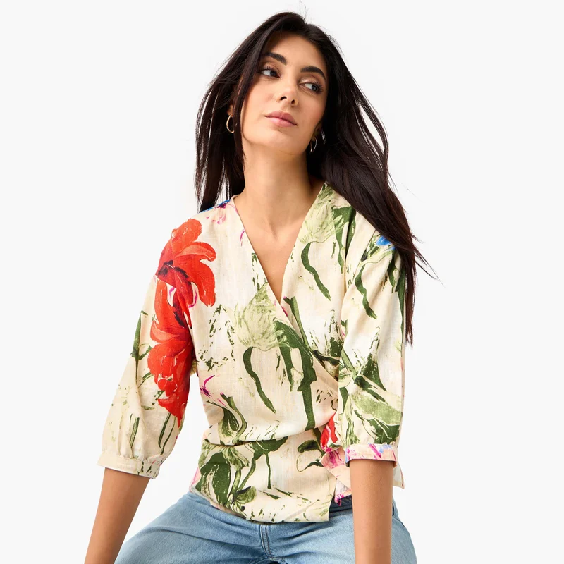 ايكونيك Iconic Floral Print Wrap Top with Tie-Up