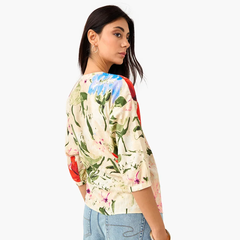 Iconic Iconic Floral Print Wrap Top with Tie-Up
