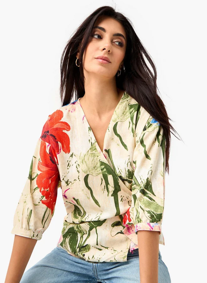 ايكونيك توب ملفوف بطبعة زهور أيقونية مع رباط