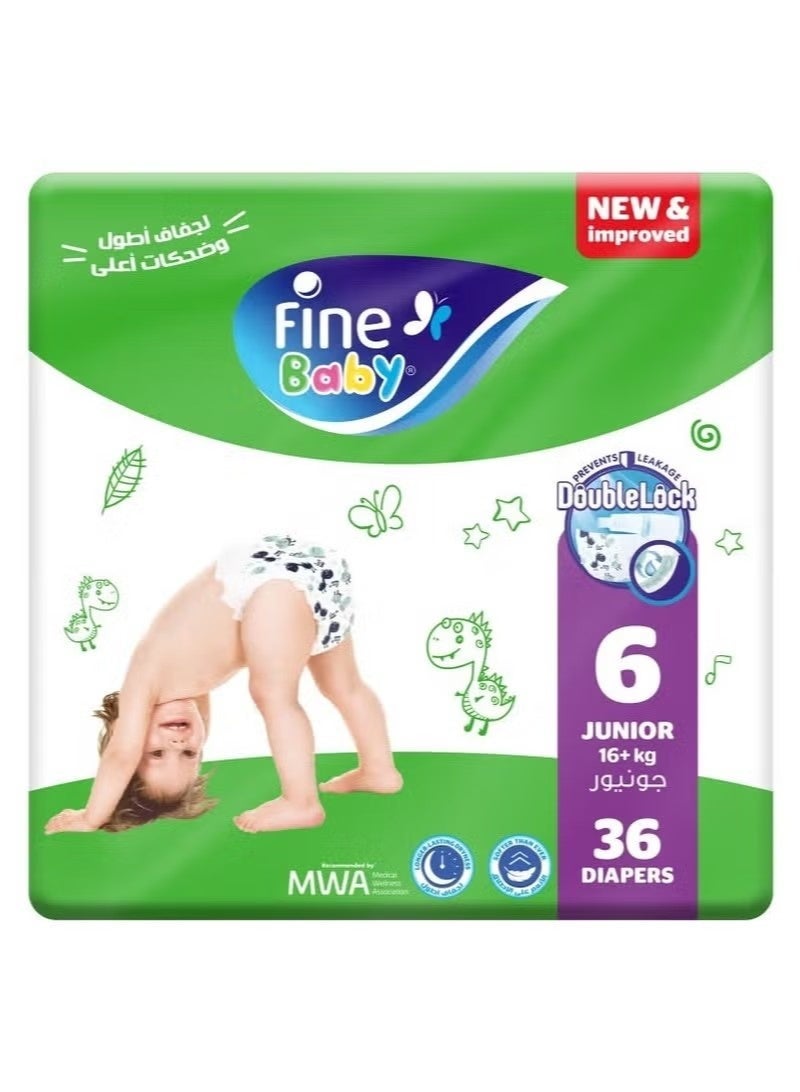 Fine Baby Baby Diapers Size 6 Junior 16+ Kg Jumbo Pack Double Lock Technology Prevents Leakage 36 Pieces - Image 1