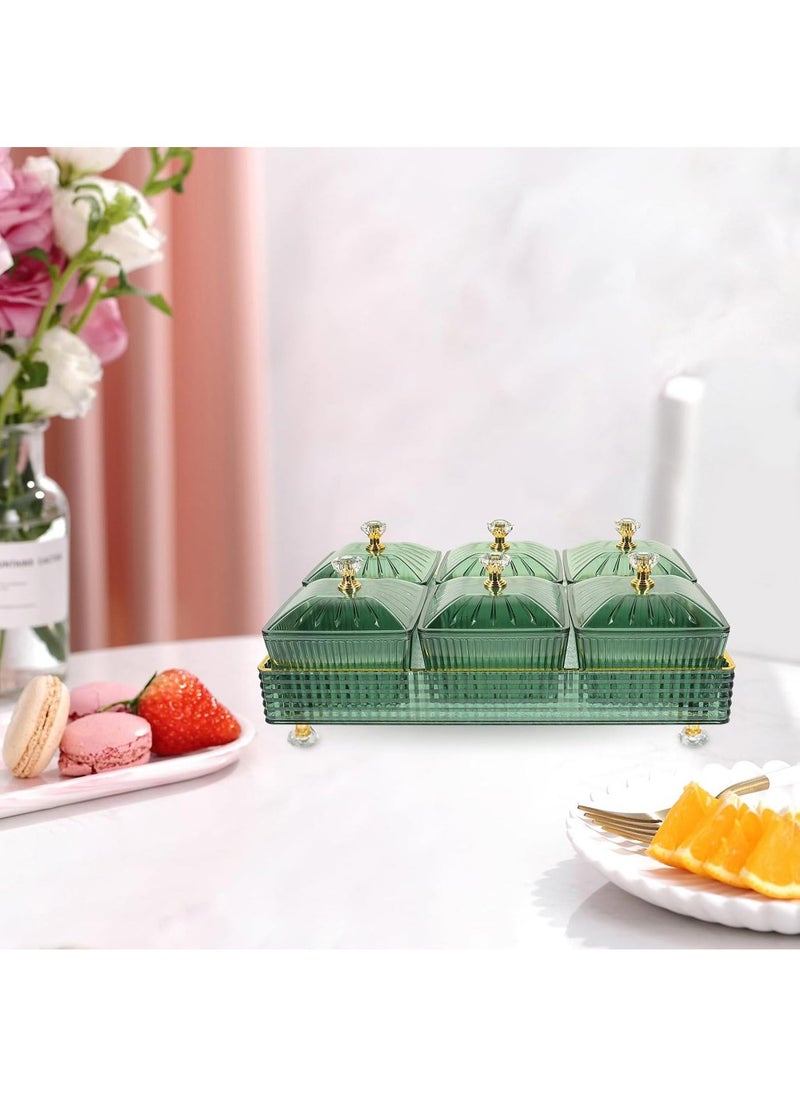 Hihonor - 1 Set Of Snackle Box Container, 6 Removable Small Bowls Condiment Trays,Divided Clear Snack Box Serving Tray with Lid and Handle, for Snacks, Fruits, Candy and Condiments (Green) - Image 1