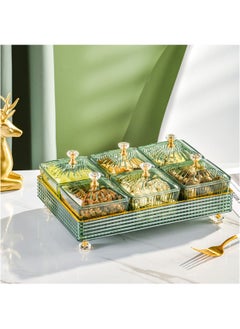 1 Set Of Snackle Box Container, 6 Removable Small Bowls Condiment Trays,Divided Clear Snack Box Serving Tray with Lid and Handle, for Snacks, Fruits, Candy and Condiments (Green)