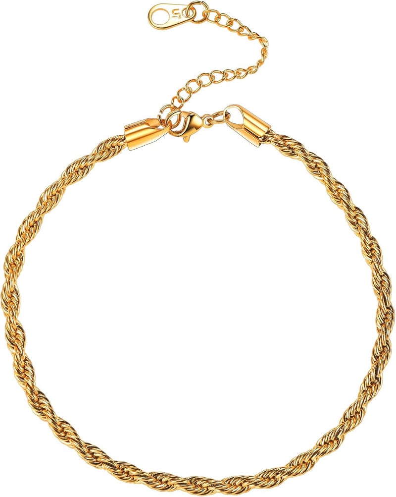 U7 Women Girls Barefoot Jewelry 18K Gold or Rose Gold Stainless Steel Heart/Rope/Figaro/Cuban Chain Anklet Foot Bracelet, 25-30 CM Long - Image 1