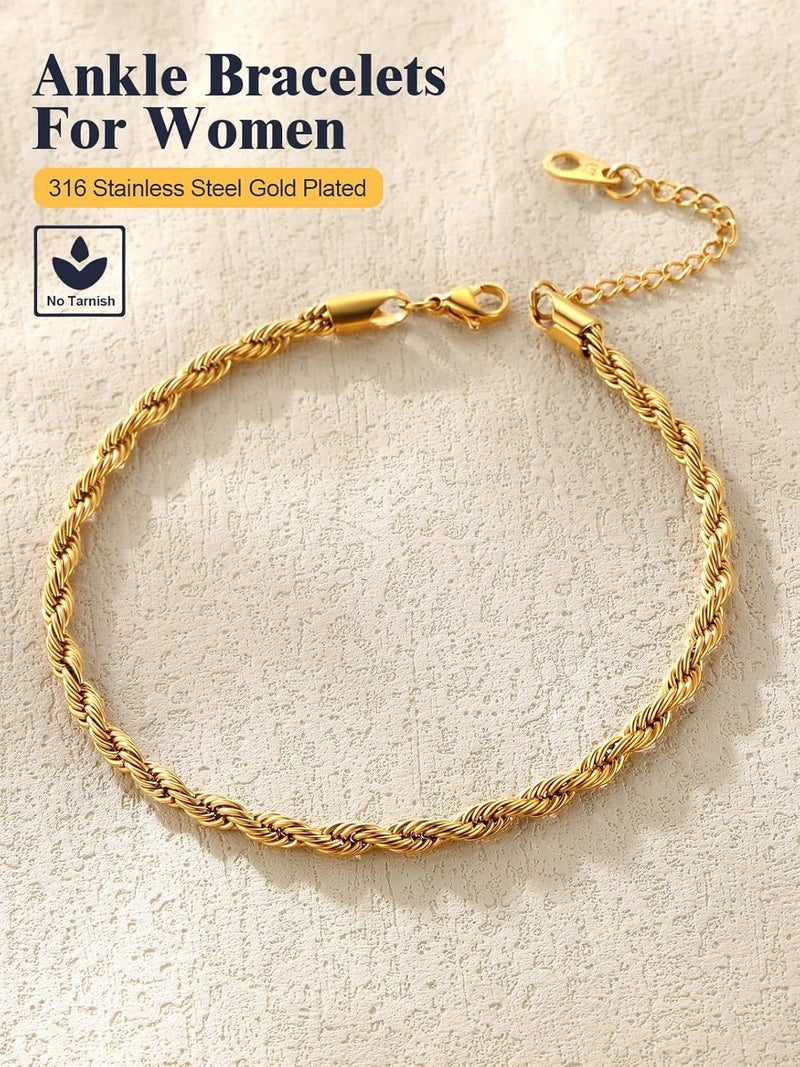 U7 Women Girls Barefoot Jewelry 18K Gold or Rose Gold Stainless Steel Heart/Rope/Figaro/Cuban Chain Anklet Foot Bracelet, 25-30 CM Long - Image 4