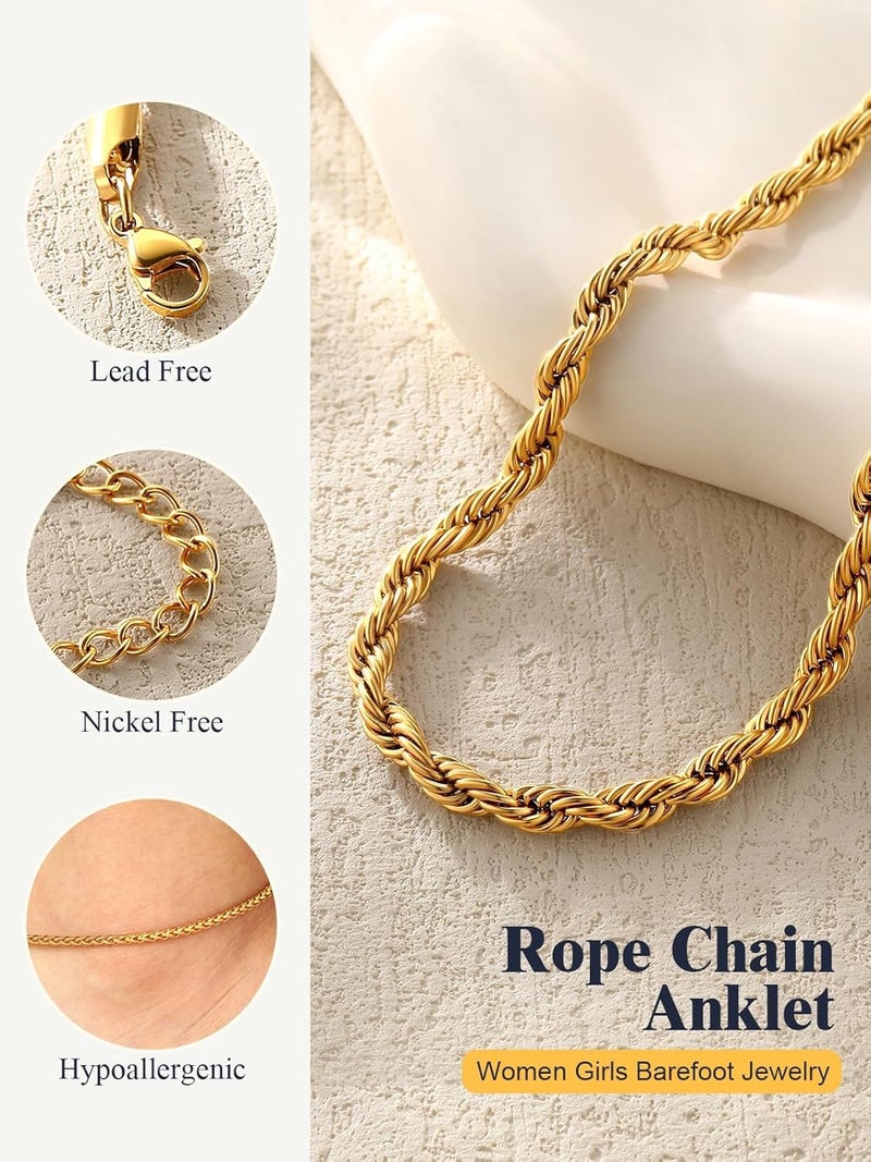 U7 Women Girls Barefoot Jewelry 18K Gold or Rose Gold Stainless Steel Heart/Rope/Figaro/Cuban Chain Anklet Foot Bracelet, 25-30 CM Long - Image 5