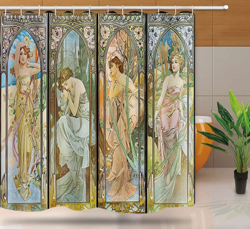 NTETSN Art Nouveau Lady Shower Curtain, Aesthetic Art Times of The Day, Morning Awakening Daybreak Evening Reverie Night's Rest Fabric Shower Curtains, 72" x 72", YLYYNT2402 - Image 1