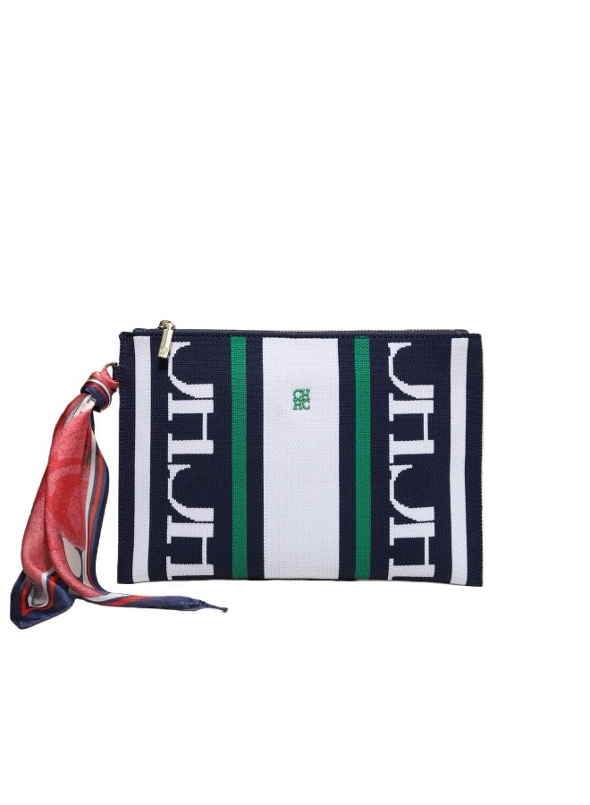 CAROLINA HERRERA Women's Rectangular Canvas Clutch - Zipper Closure, Wrist Strap & Scarf Accent for Business & Evening Events