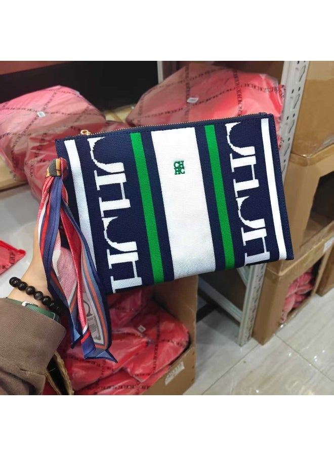 CAROLINA HERRERA Women's Rectangular Canvas Clutch - Zipper Closure, Wrist Strap & Scarf Accent for Business & Evening Events - Image 1