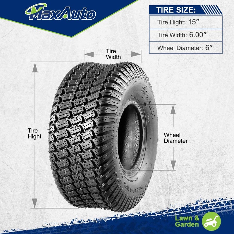 MaxAuto15x6.00-6 Lawn Mower Tire,15x6-6 Front Turf Tires, 15-6.00-6 Tubeless Tires for Lawn & Garden Riding Mower Tractor Golf Cart, 4Ply, 570lbs Capacity, Set of 2 - Image 5