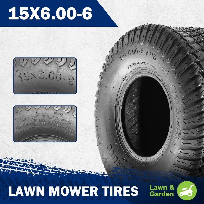 MaxAuto15x6.00-6 Lawn Mower Tire,15x6-6 Front Turf Tires, 15-6.00-6 Tubeless Tires for Lawn & Garden Riding Mower Tractor Golf Cart, 4Ply, 570lbs Capacity, Set of 2 - Image 2
