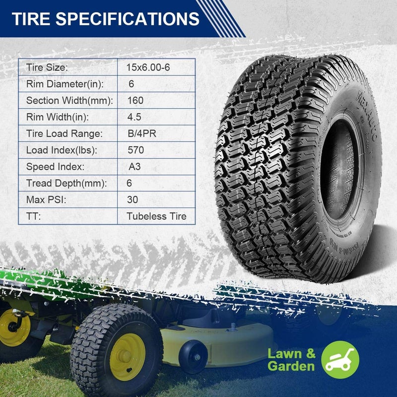 MaxAuto15x6.00-6 Lawn Mower Tire,15x6-6 Front Turf Tires, 15-6.00-6 Tubeless Tires for Lawn & Garden Riding Mower Tractor Golf Cart, 4Ply, 570lbs Capacity, Set of 2 - Image 3