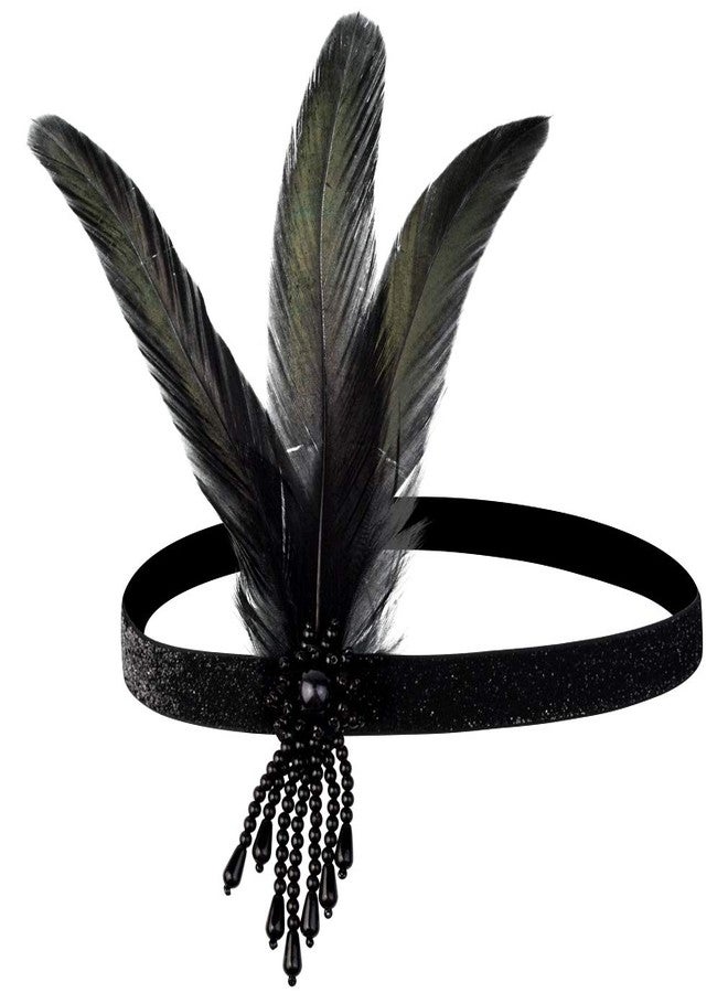 yeabwps 1 Pcs 1920s Flapper Headpiece Black Feather Headband Roaring 20s Gatsby Hair Accessories (Black) - Image 1