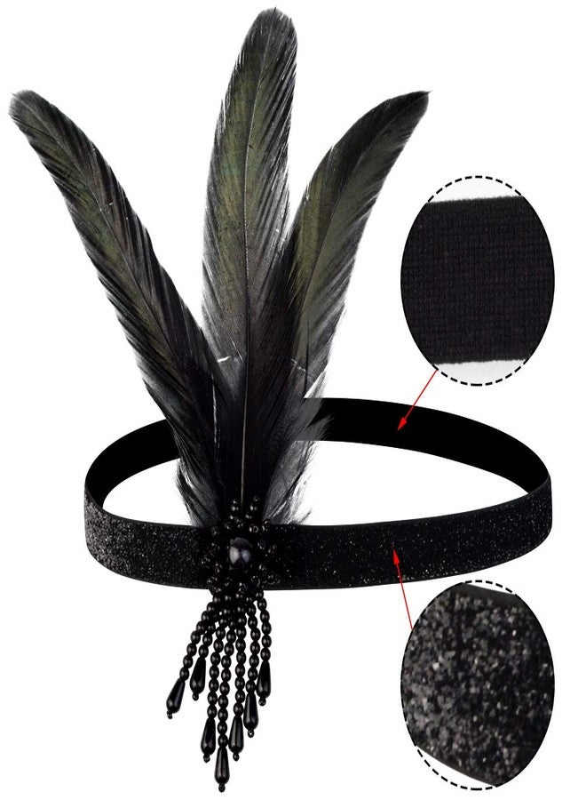 yeabwps 1 Pcs 1920s Flapper Headpiece Black Feather Headband Roaring 20s Gatsby Hair Accessories (Black) - Image 3