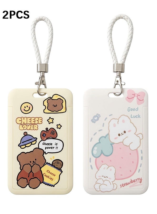 Wffo 2 Pcs Kpop Photocard Holder Keychain Cartoon Animal PC Holder Kpop ID Badge Holder with Keychain Student Bus Card Pendant Keychain Hard Shell Protective Photo Sleeves (White and Yellow) - Image 1