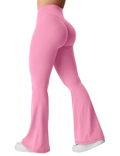 YEOREO Kalie Flare Scrunch Leggings for Women V Cross Waist Bell Bottom Yoga Pants Tummy Control Bootcut Workout Leggings Begonia Pink S - Image 1