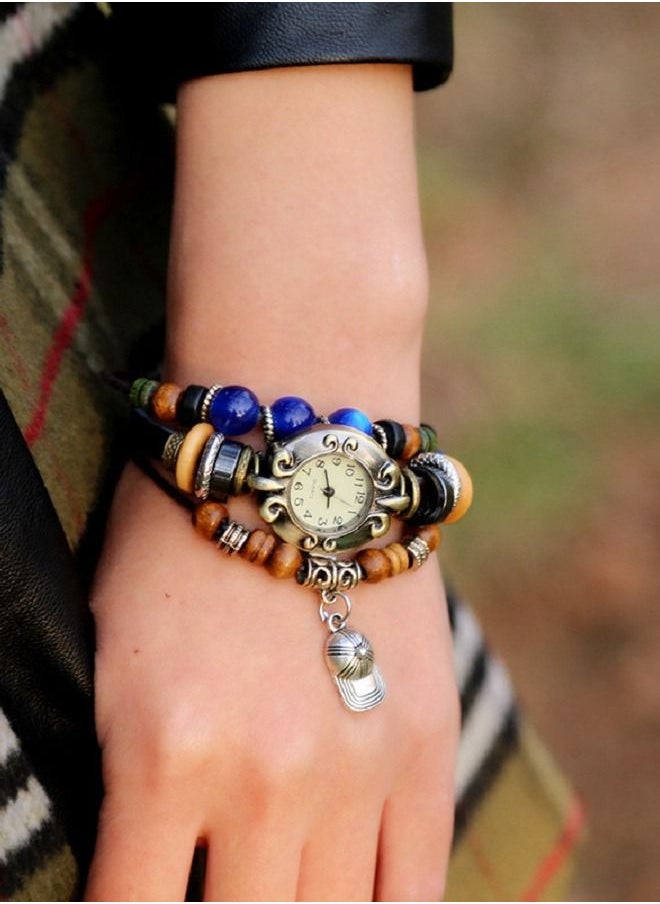 Generic - Unisex's Cap Woven Leather and Beads Bracelet With Analog Watch Multicolor - Image 1
