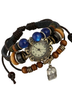 Unisex's Cap Woven Leather and Beads Bracelet With Analog Watch Multicolor