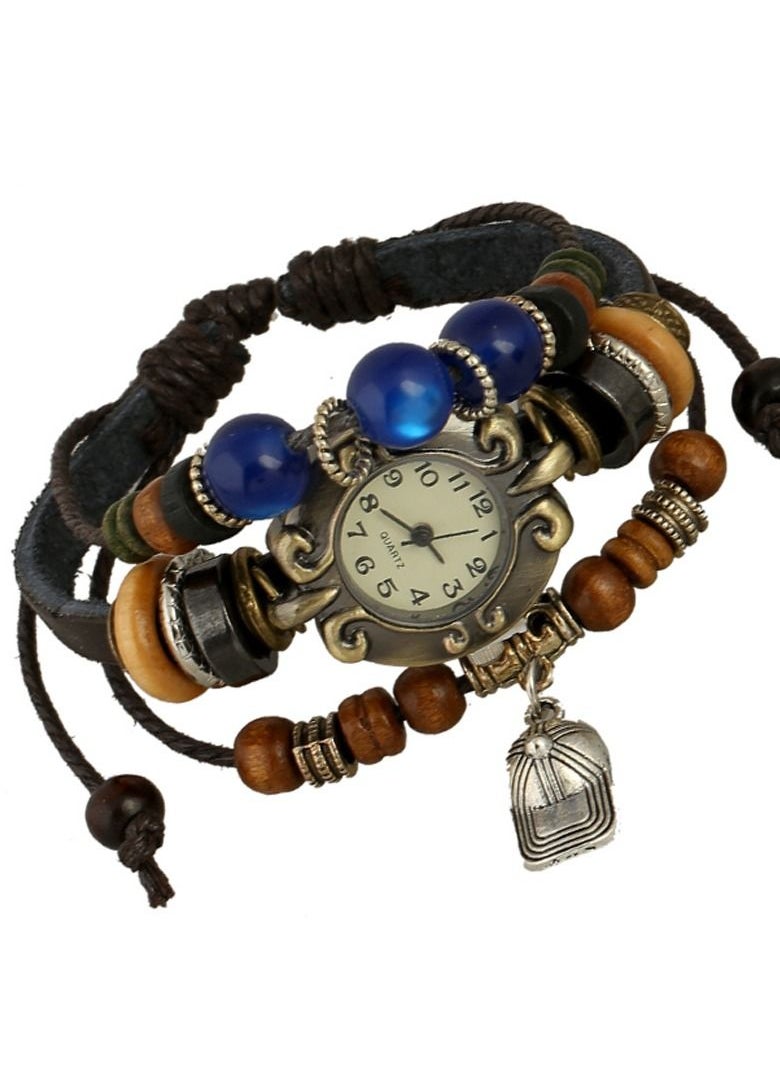 Generic - Unisex's Cap Woven Leather and Beads Bracelet With Analog Watch Multicolor - Image 1