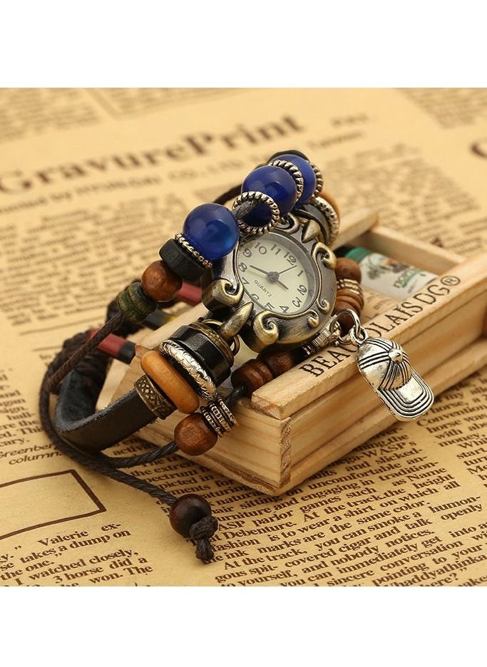 Generic - Unisex's Cap Woven Leather and Beads Bracelet With Analog Watch Multicolor - Image 1
