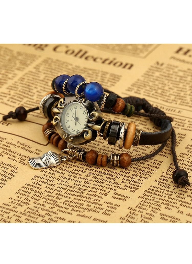 Generic - Unisex's Cap Woven Leather and Beads Bracelet With Analog Watch Multicolor - Image 1
