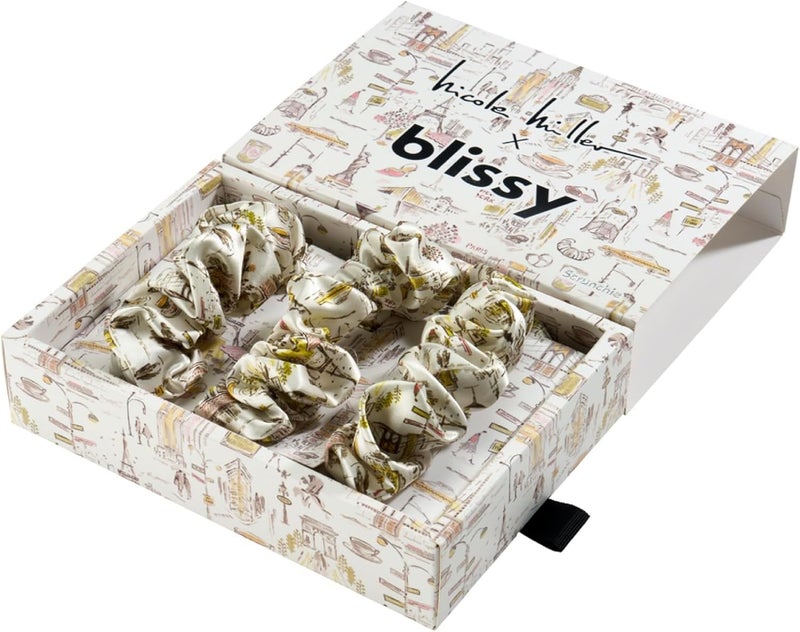 BLISSY Silk Scrunchies (3 Pack) - 100% Pure Mulberry Silk - 22 Momme 6A High-Grade Fibers Scrunchie for Straight & Curly Hair (Nicole Miller NY to Paris, Regular) - Image 1