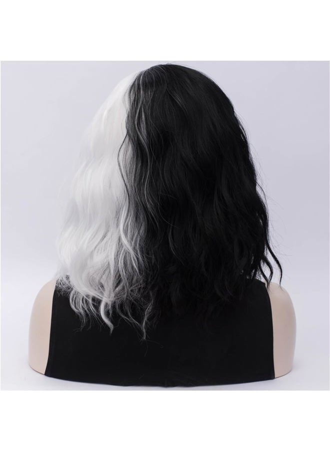 FVCENT Short Curly Shoulder Length Full Bang Women Bob Wig for Cruella Costume Women for Halloween Party Costume (Black and White With accessories) - Image 2