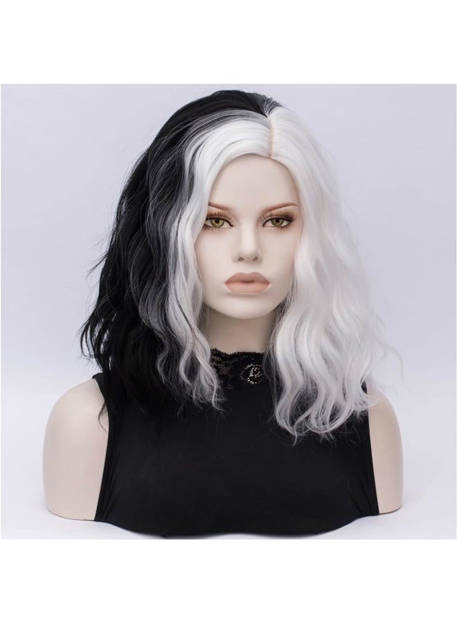 FVCENT Short Curly Shoulder Length Full Bang Women Bob Wig for Cruella Costume Women for Halloween Party Costume (Black and White With accessories) - Image 5