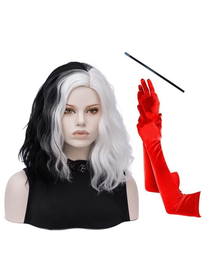 FVCENT Short Curly Shoulder Length Full Bang Women Bob Wig for Cruella Costume Women for Halloween Party Costume (Black and White With accessories) - Image 1