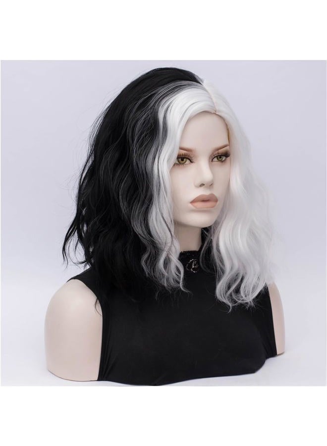 FVCENT Short Curly Shoulder Length Full Bang Women Bob Wig for Cruella Costume Women for Halloween Party Costume (Black and White With accessories) - Image 3