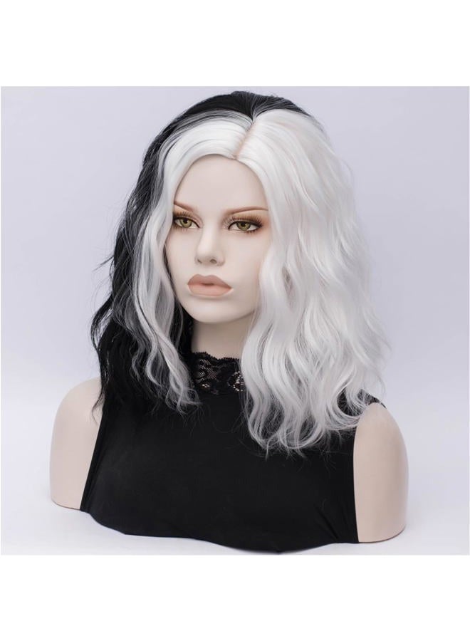 FVCENT Short Curly Shoulder Length Full Bang Women Bob Wig for Cruella Costume Women for Halloween Party Costume (Black and White With accessories) - Image 4