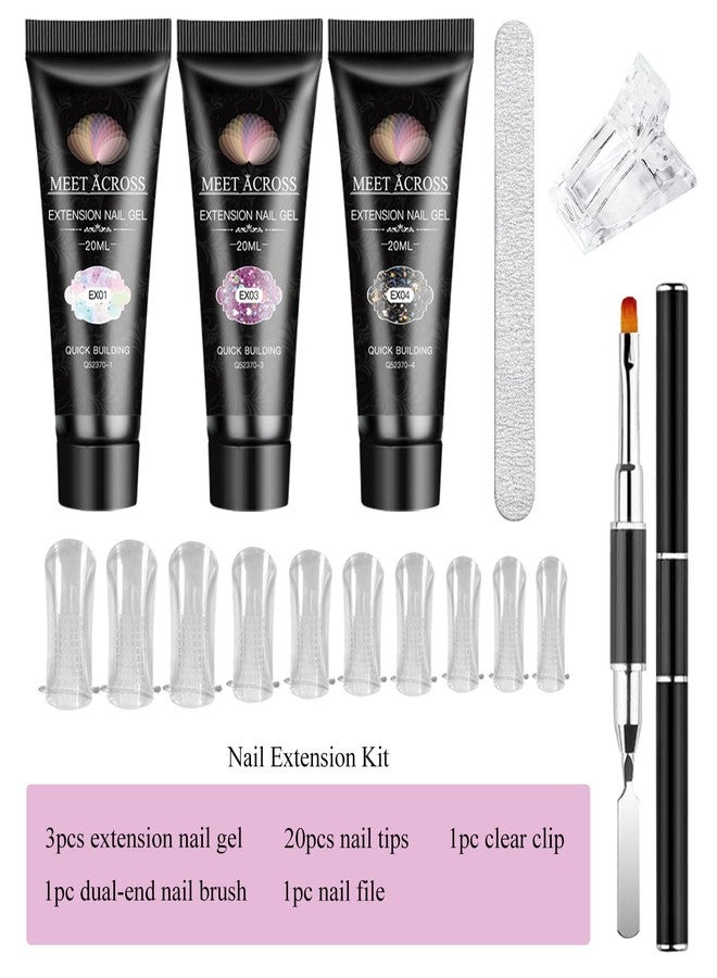 MEET ACROSS Poly Nail Gel Starter Kit, 7 Pcs Glitter Builder Gel Nail Extension Kit for Beginners Poly Extension Gel Enhancement Builder Nail Gel Manicure Salon French Nail Art DIY - Image 2