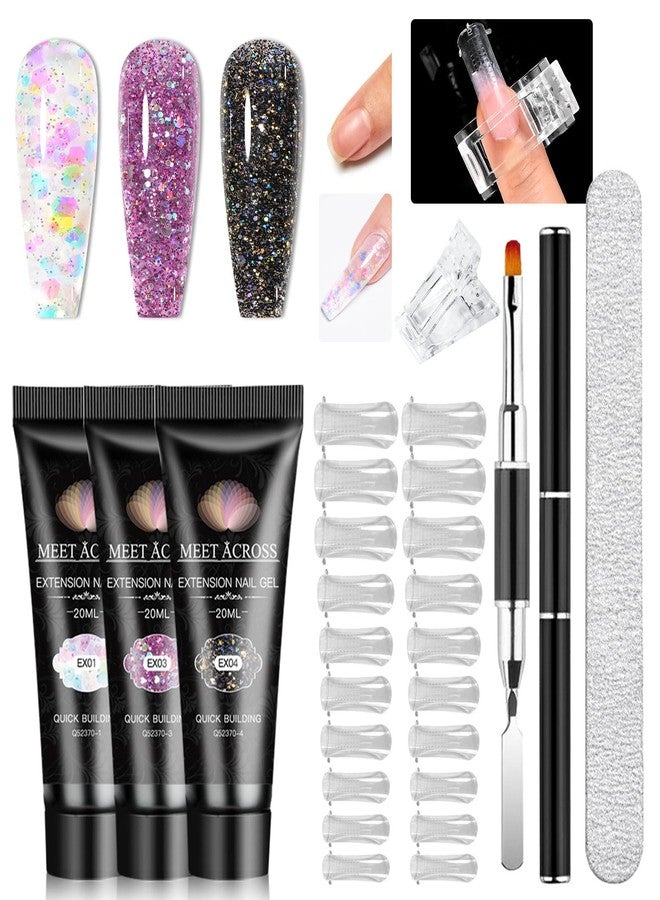 MEET ACROSS Poly Nail Gel Starter Kit, 7 Pcs Glitter Builder Gel Nail Extension Kit for Beginners Poly Extension Gel Enhancement Builder Nail Gel Manicure Salon French Nail Art DIY - Image 1
