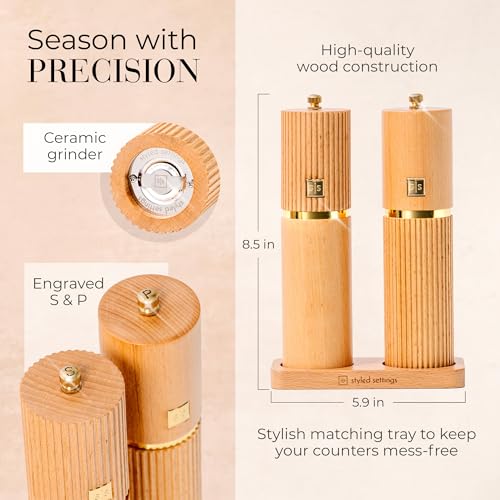 Styled Settings Wooden Salt and Pepper Grinder Set with Gold Accents – Refillable Wooden Manual Salt and Pepper Mill Set with Adjustable Ceramic Mills & Matching Wood Stand - Ideal for Gifting - Image 5