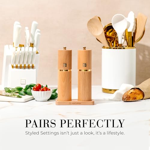 Styled Settings Wooden Salt and Pepper Grinder Set with Gold Accents – Refillable Wooden Manual Salt and Pepper Mill Set with Adjustable Ceramic Mills & Matching Wood Stand - Ideal for Gifting - Image 4