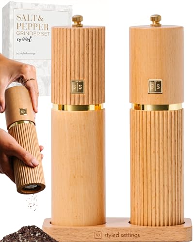 Styled Settings Wooden Salt and Pepper Grinder Set with Gold Accents – Refillable Wooden Manual Salt and Pepper Mill Set with Adjustable Ceramic Mills & Matching Wood Stand - Ideal for Gifting - Image 1