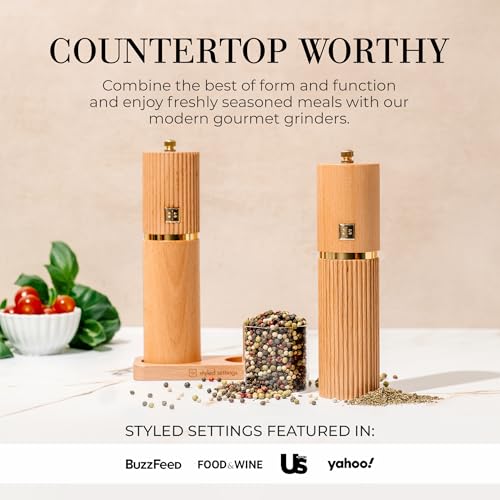Styled Settings Wooden Salt and Pepper Grinder Set with Gold Accents – Refillable Wooden Manual Salt and Pepper Mill Set with Adjustable Ceramic Mills & Matching Wood Stand - Ideal for Gifting - Image 2