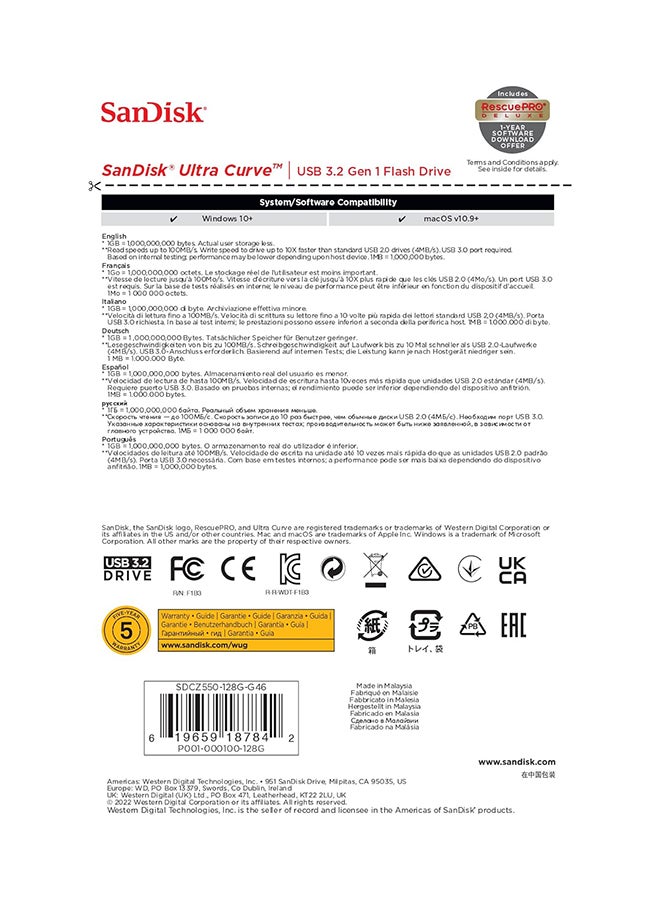 سانديسك محرك أقراص فلاش الترا كيرف 3.2 بسرعة 100 ميجابايت/ثانية باللون الأسود - SDCZ550 128G G46 - Image 5