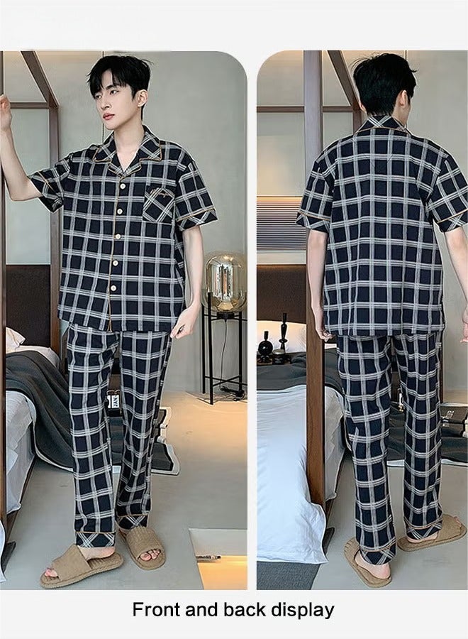 عام Two Piece Men's Plus Size Cotton Pajamas Set Plus Fashion Gradient Plaid Than Set Pajamas Casual Wear - Image 2