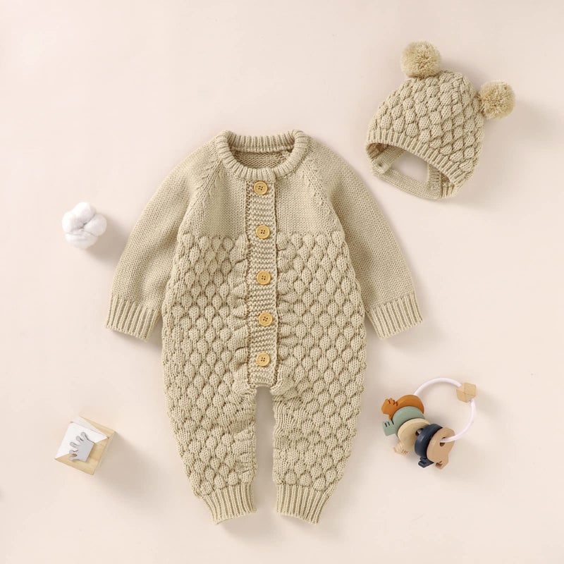 allshope Newborn Baby Boy Girl Winter Clothes Knitted Sweater Romper Crewneck Solid Color Jumpsuit Hat Infant Fall Outfit (Khaki, 3-6 Months) - Image 2