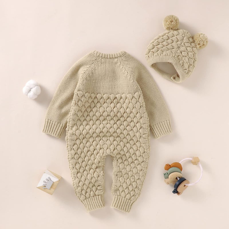 allshope Newborn Baby Boy Girl Winter Clothes Knitted Sweater Romper Crewneck Solid Color Jumpsuit Hat Infant Fall Outfit (Khaki, 3-6 Months) - Image 3