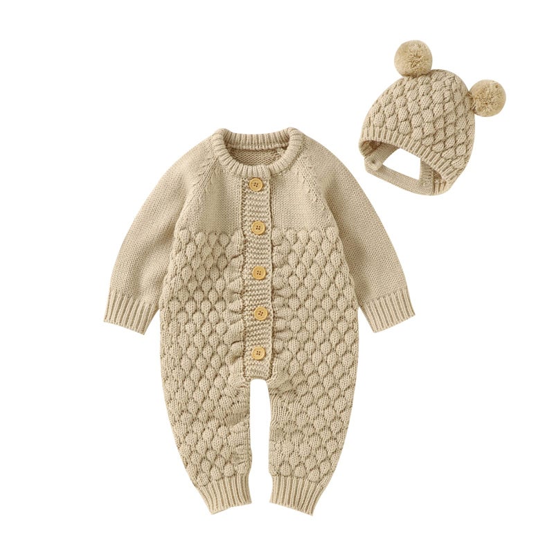 allshope Newborn Baby Boy Girl Winter Clothes Knitted Sweater Romper Crewneck Solid Color Jumpsuit Hat Infant Fall Outfit (Khaki, 3-6 Months) - Image 1