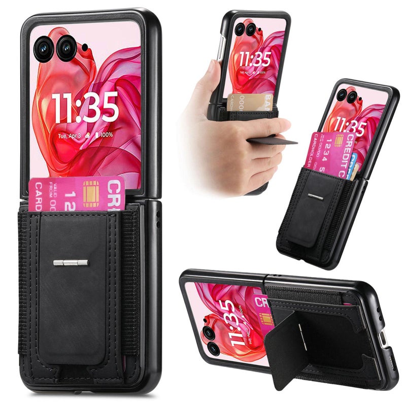erorex For Motorola Moto Razr 50 Ultra Retro Leather Fold Stand Elastic Card Bag Phone Case(Black) - Image 1