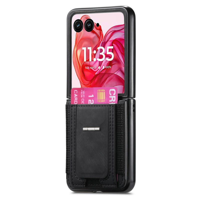 erorex For Motorola Moto Razr 50 Ultra Retro Leather Fold Stand Elastic Card Bag Phone Case(Black) - Image 2